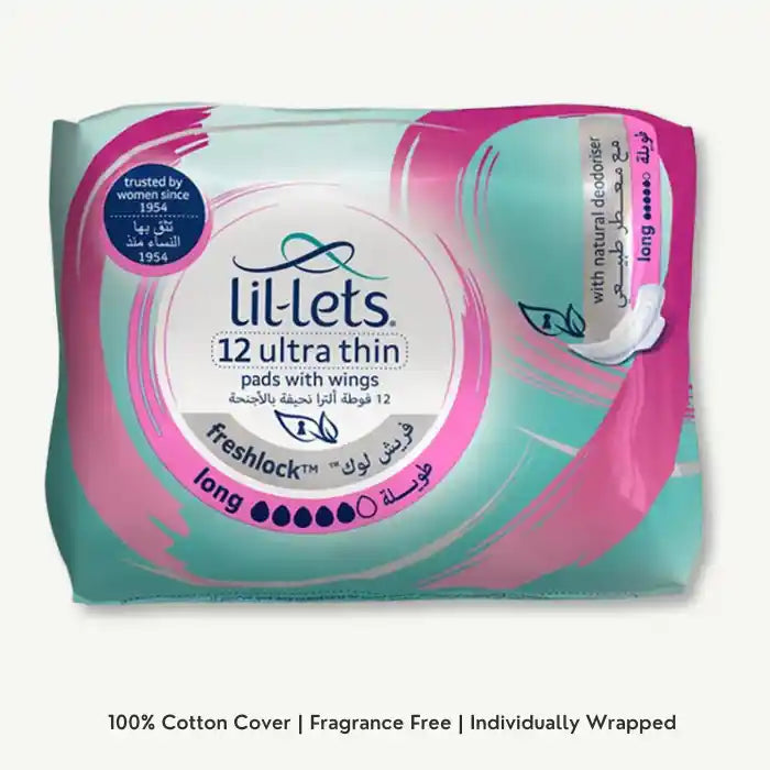 Lil-Lets Long Ultra Thin Freshlock Pads with Wings and Natural Deodoriser, 12 Pieces