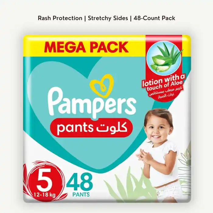Pampers Baby-Dry Pants Diapers with Aloe Vera Lotion, Size 5, 12-18kg, Mega Pack, 48 Diapers