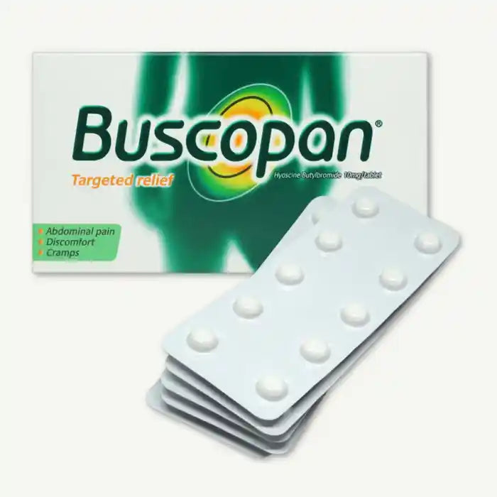 Buscopan 10mg Hyoscine Butylbromide for Abdominal Pain, Discomfort & Cramps Relief, 50 Tablets