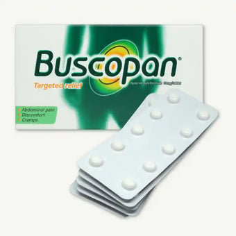 compare product Buscopan 10mg Hyoscine Butylbromide for Abdominal Pain, Discomfort & Cramps Relief, 50 Tablets