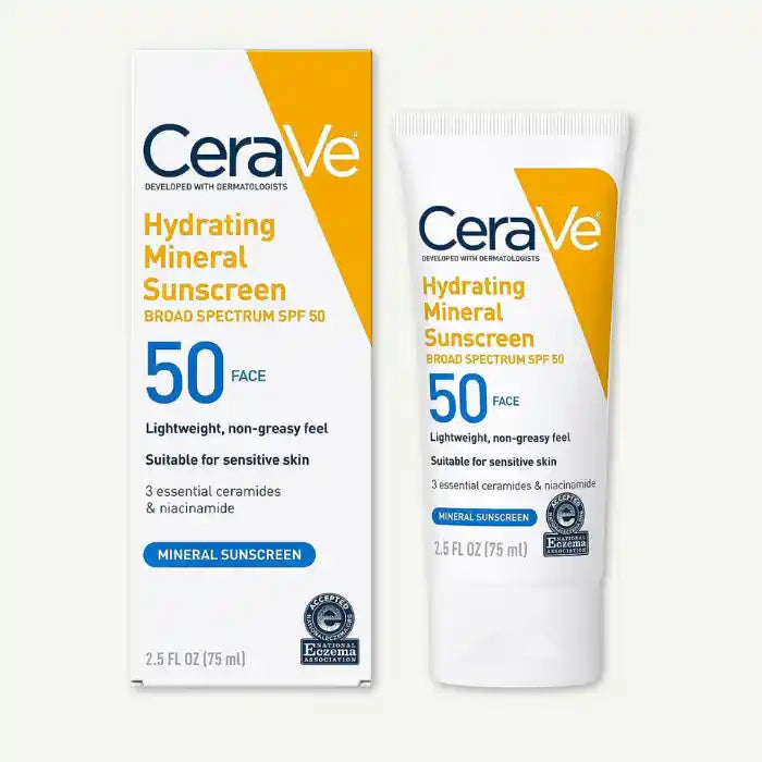 CeraVe Non-Greasy Broad Spectrum Hydrating Facial Sunscreen with Minerals, Ceramides & Niacinamide for Sensitive Skin SPF50, 75ml