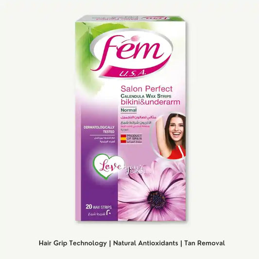 Fem USA Wax Strips for Bikini and Underarms Enriched with Calendula, 20 Strips
