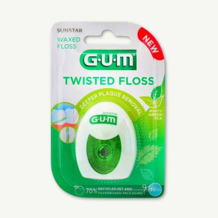 GUM 30m Twisted Waxed Dental Floss Minty Green Tea Flavor, 1 Piece