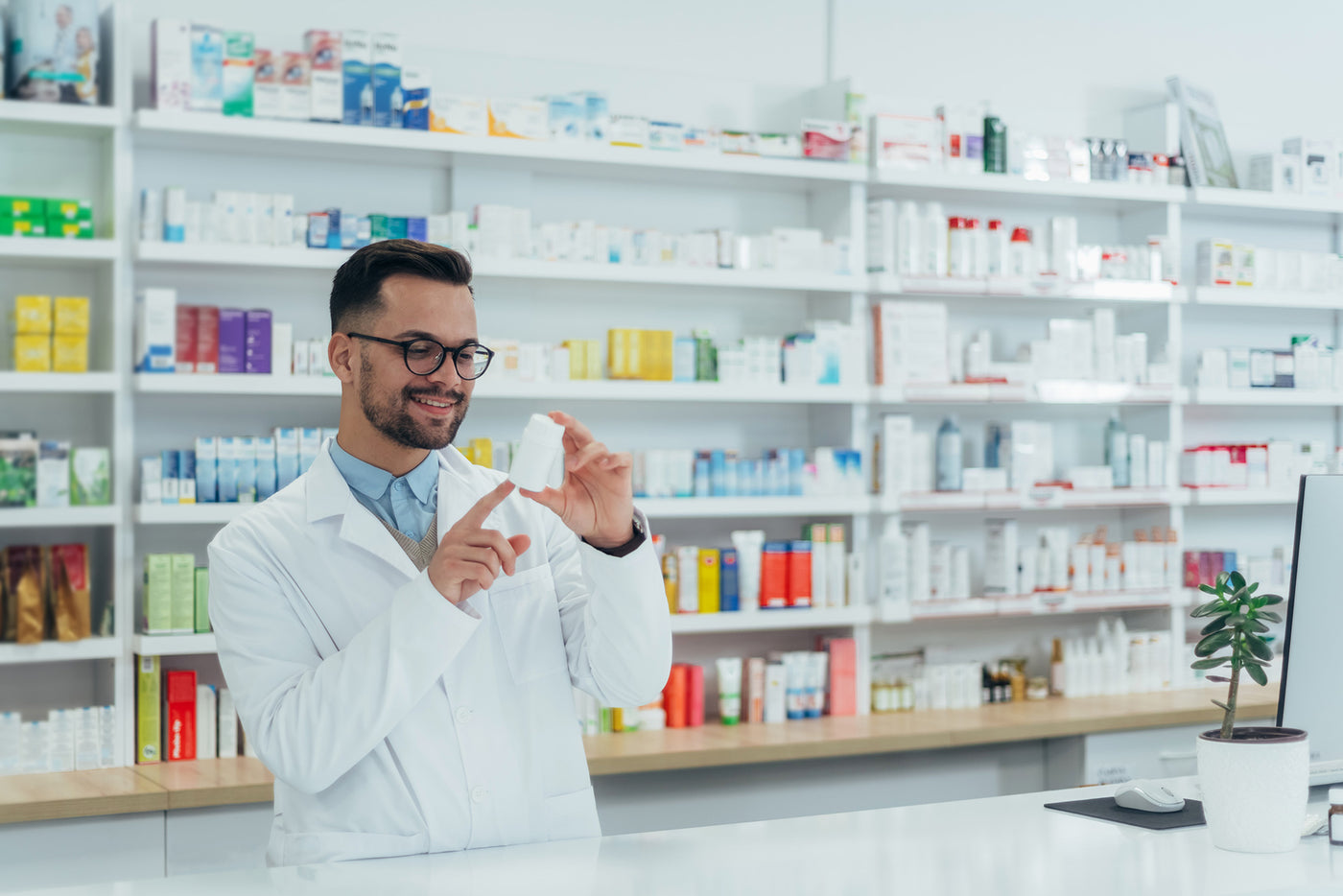 Shelves of medicines and wellness products inside Al Hadi Pharmacy
