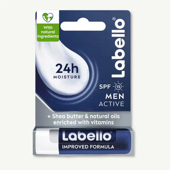 compare product Labello 24H Moisturizing Men Active Lip Balm with Shea Butter, Natural Oils and Vitamins SPF15, 1 Piece