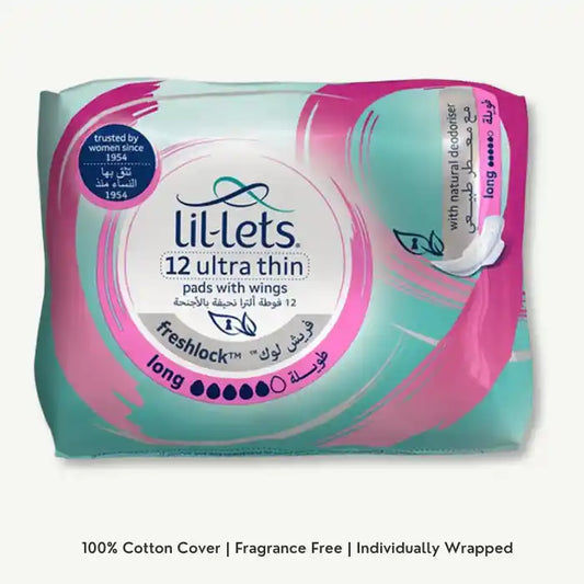 Lil-Lets Long Ultra Thin Freshlock Pads with Wings and Natural Deodoriser, 12 Pieces