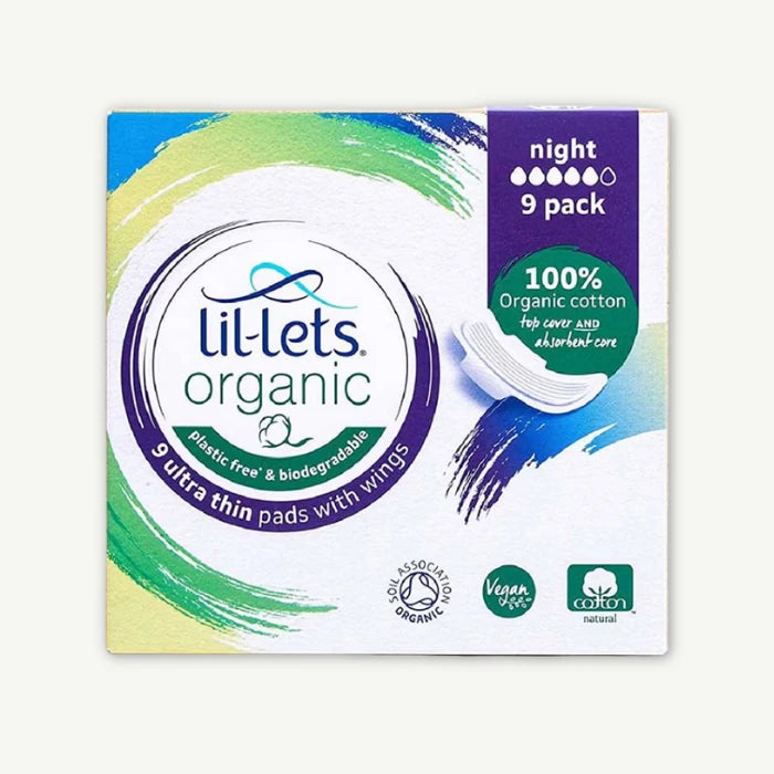 Lil-Lets Organic Ultra Thin Cotton Heavy Flow Night Sanitary Pads with Wings, 9 Pieces