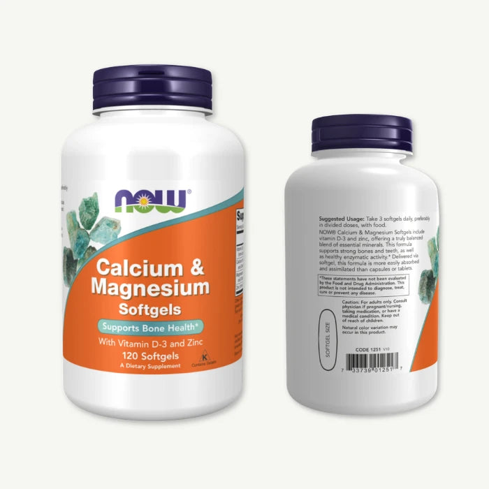 Now Calcium & Magnesium Bone Support Supplement with Vitamin D3 & Zinc, 120 softgels
