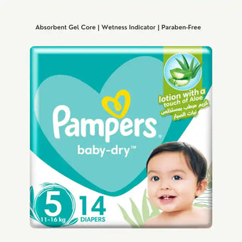 compare product Pampers Baby-Dry Diapers with Aloe Vera Lotion Size 5 (11-16kg), 14 Pieces