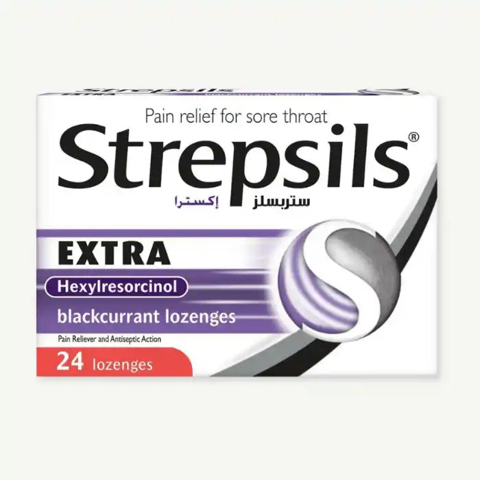 Strepsils Extra Blackcurrant Pain Relief Lozenges for Sore Throats, 24 Lozenges