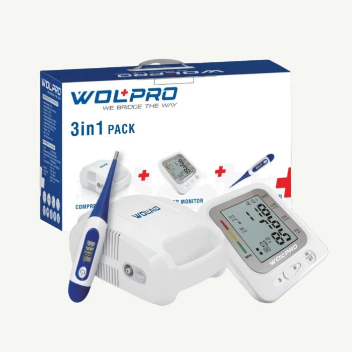 Wolpro 3-In-1 Pack (Compressor Nebulizer + Arm BP Monitor + Digital Thermometer)